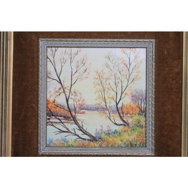 Cabin Antique Framed Landscape Painting on Tile For Sale - Image 3 of 11