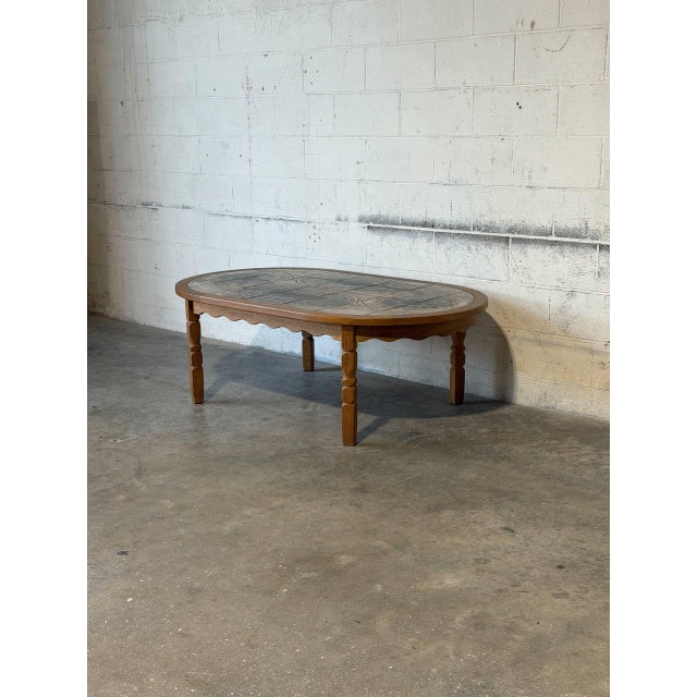 Mid-Century Modern Oak Inset Tile Top Oval Coffee Table With Scalloped Apron Vintage Mid-Century Modern 1970s For Sale - Image 3 of 10
