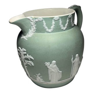 Vintage Wedgwood England Jasperware Pitcher Jug Sage Green Neoclassical Relief For Sale