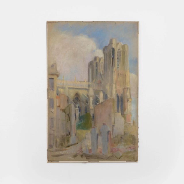 Early 20th Century Impressionist Pastel on Paper of Gothic Cathedral Scene This pastel on paper depicts a large...