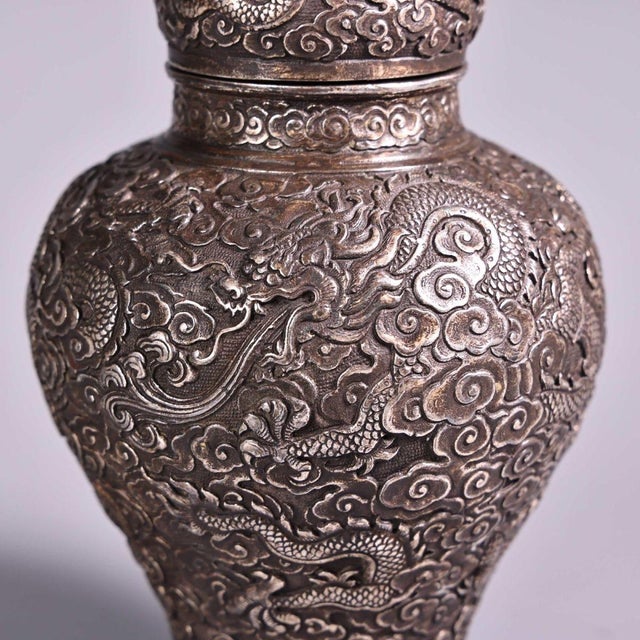 Silver Vintage Silvered Copper Dragon Ginger Jar | Repousse Dragon Vessel | Chinoiserie Decor For Sale - Image 8 of 10