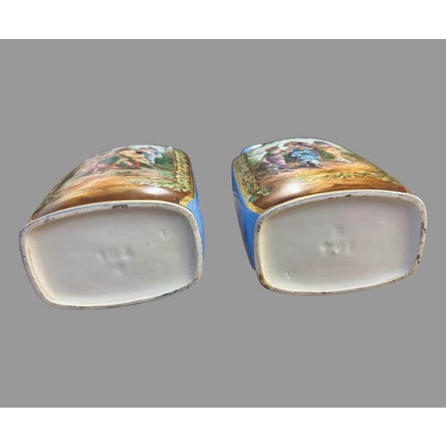 Antique Old Paris Porcelain Pair Vases Hand Painted Figural Scenes Blue Gilt 11” For Sale - Image 9 of 11