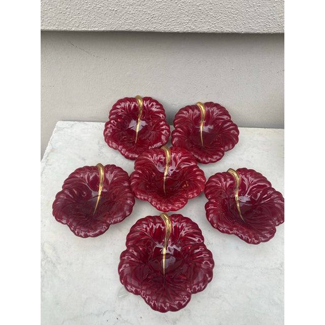 Set of 6 Mid-Century Red Majolica Leaf Dish Vallauris. 4.8 by 4.8 inches.