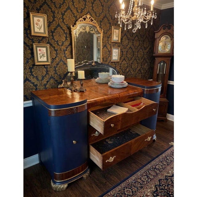 Make a striking statement with this exceptional 1930s Art Deco waterfall buffet credenza. Expertly restored and...