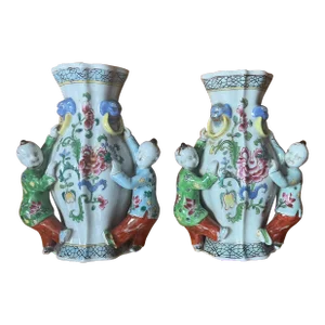 19th Century Chinese Export Porcelain Famille Rose Wall Pocket Vases - a Pair
