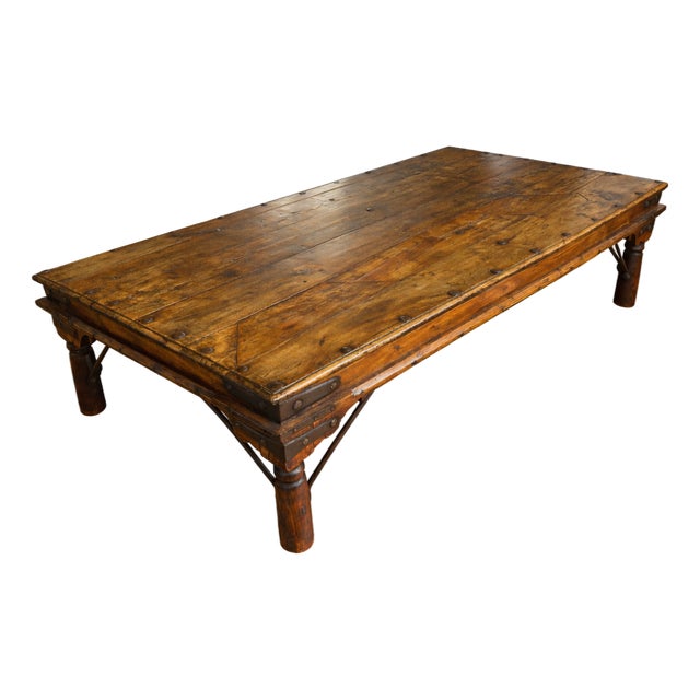 Late 20th Century Spanish Colonial Revival Rustic Coffee Table W/ Iron Strapwork & Studded Plank Top For Sale