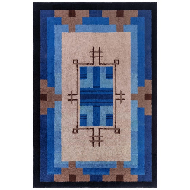 Doris Leslie Blau Vintage French Art Deco Geometric Warm Tan Hand-Knotted Rug For Sale