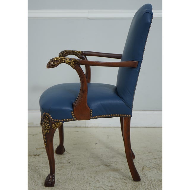 Queen Anne Eagle Carved Arm Blue Leather Armchair For Sale - Image 3 of 18