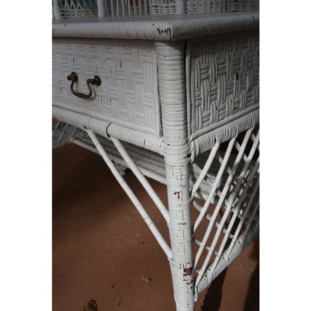 Vintage White Wicker Writing Desk W/ Drawer / Side Basket & Cubbies / Shelves For Sale - Image 17 of 18