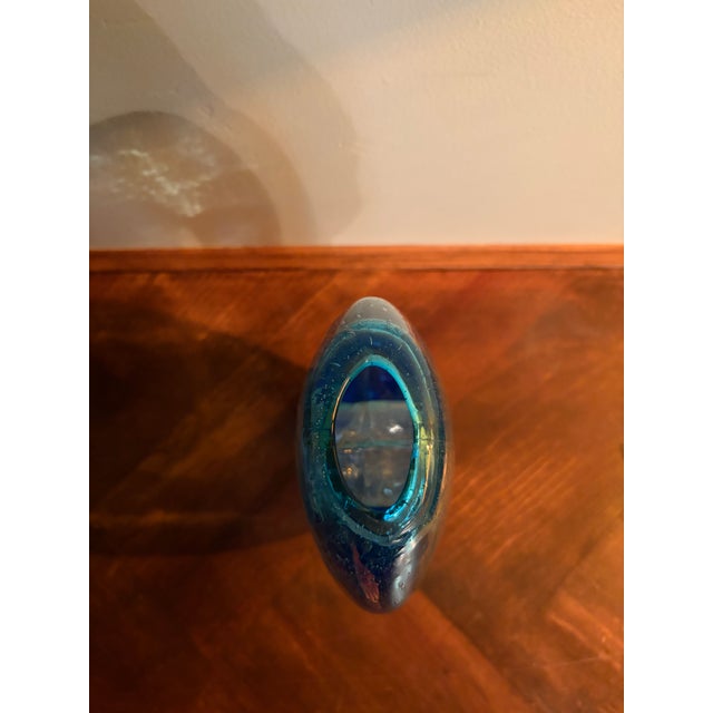 Mid-Century Modern Vintage Handblown Open Center Blue Art Glass Sculptural Vase With Bubbles For Sale - Image 3 of 7