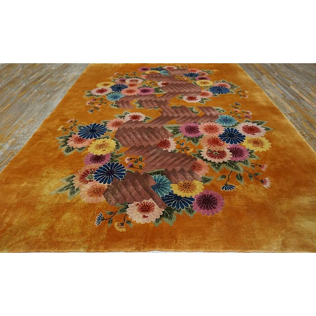 Art Deco 1930s Antique Yellow-Saffron Floral Modern Antique Chinese Art Deco Carpet Rug For Sale - Image 3 of 13