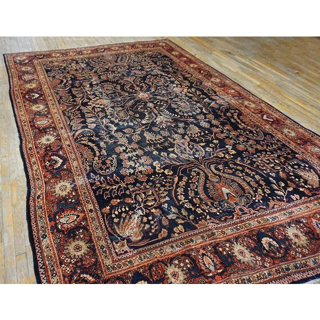 Persian 1930s Blue Navy Floral Antique Persian Sarouk Farahan Carpet 8'8" X 12'8" Woven Wool Rug For Sale - Image 3 of 9