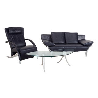 1600 2-Seater Sofa, Lounge Chair and Coffee Table in Glass and Dark Blue Leather from Rolf Benz, Set of 3 For Sale