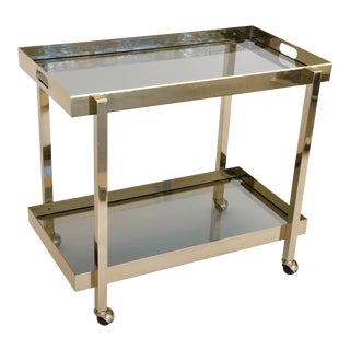 Italian Brass and Smoked Glass Bar Cart For Sale