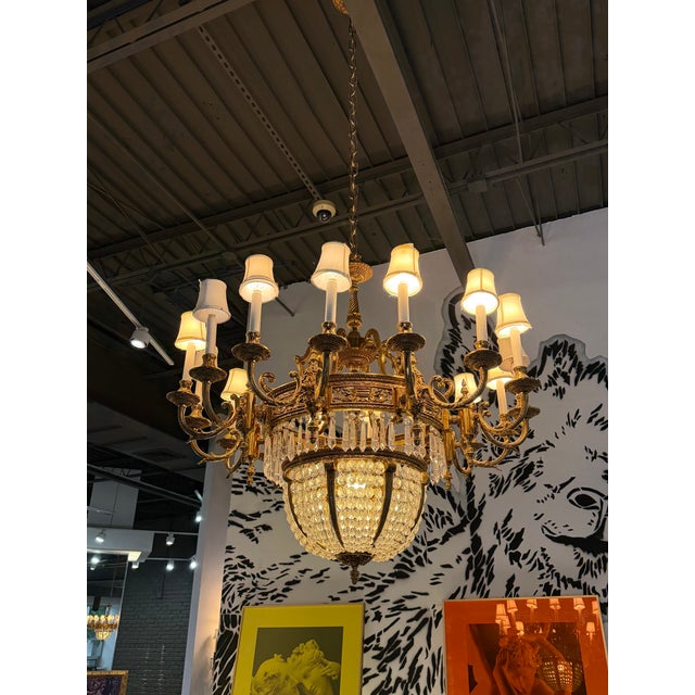 Antique Beaux Arts Bronze Crystal Basket 16 Light Chandelier Rewired For Sale - Image 14 of 15