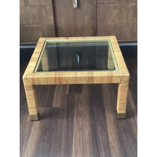 Hollywood Regency Vintage Wicker & Brass Coffee Table With New Glass Top For Sale - Image 3 of 5