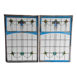Pair of Antique Victorian Art Nouveau Leaded Stained Glass Windows Arch Transom