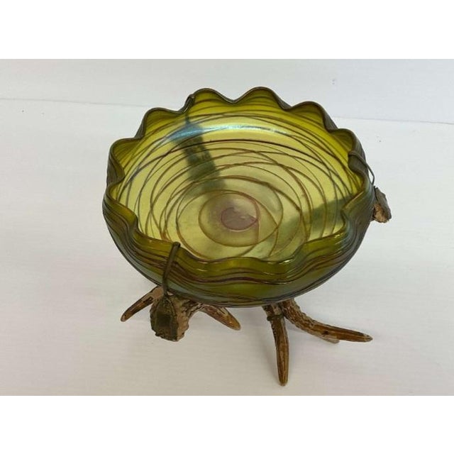 Art Nouveau Art Neovou Threaded Irridescent Bowl on Faux Stag Horns 7" Loetz Art Glass For Sale - Image 3 of 14