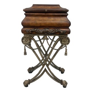 Vintage Ornate Neoclassical Wood and Metal Sewing Box For Sale