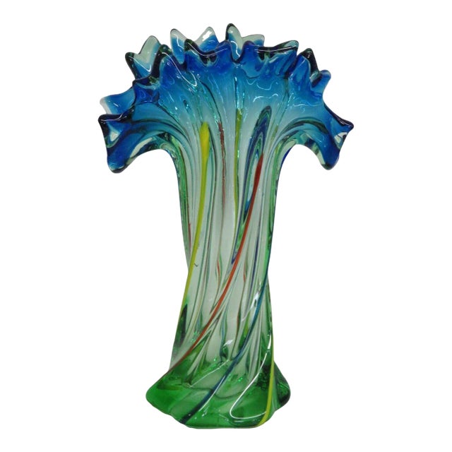 Mid Century Modern Hand Blown Glass Twisted Fan Rim Tall Vase For Sale