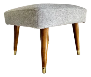 Mid-Century Modern Tapered Walnut and Brass Footstool Ottoman in Textured Gray Tweed