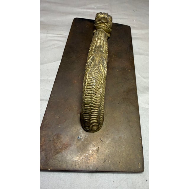Antique Ornate Tooled Brass Fixed Figural Griffin Serpent Door Handle Hardware For Sale - Image 9 of 13