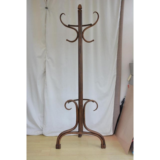 P0322 antique turn of the century bentwood hall stand of half round design, having three scroll coat and hat hooks with...