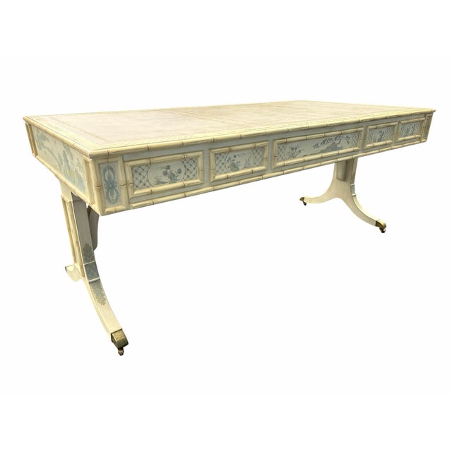 Faux Bamboo Blue and Creme Toile De Joy Chinoiserie Large Leather Top Executive Desk For Sale In New York - Image 6 of 12