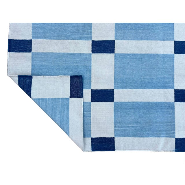Casa Cosima Handwoven Cotton Area Rug, Vegetable Dyed, Sky Blue and White Geometric Dhurrie - 10'x14' For Sale - Image 4 of 10