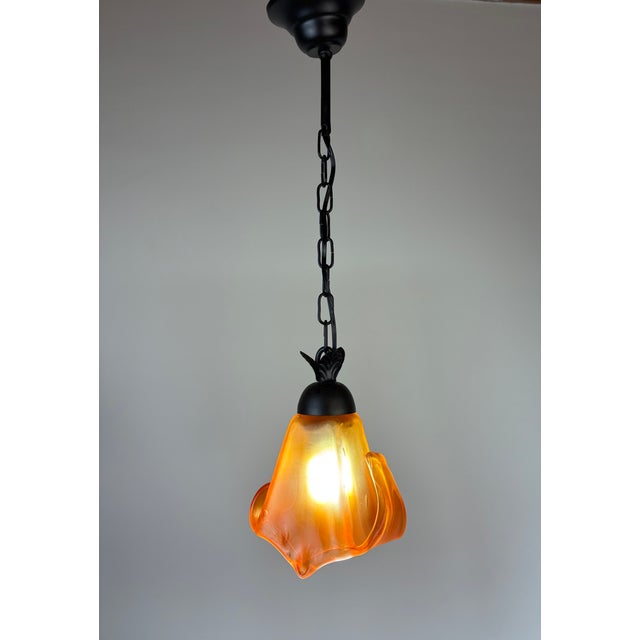 Italian Vintage Murano Amber Glass Pendant, Italian Art Glass Hanging Light With Warm Diffused Glow For Sale - Image 3 of 15