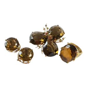 Vintage Bergere Gold Tone Topaz Rhinestone Set of Brooch Pin/Earrings/Ring
