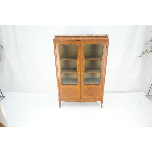Baker Furniture Company Double Glass Doors French Inlayed Marble Top Curio Cabinet Book Case For Sale - Image 4 of 12