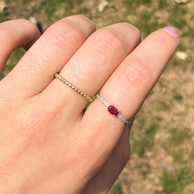 Ruby & Diamond Ring in 14k White Gold, Oval 5×4mm – Dainty East West Ring, Size 6.75 For Sale - Image 9 of 10