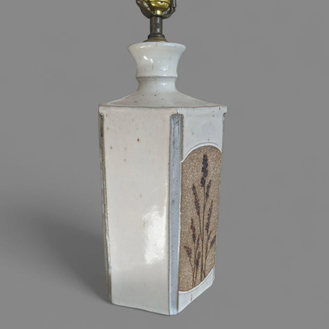 Cream Vintage Earthenware Pottery Botanical Lavendar Table Lamp W/ Lampshade For Sale - Image 8 of 18