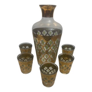 Vintage Culver Valencia 22k Gold Glass Decanter With 5 Shot Glasses For Sale