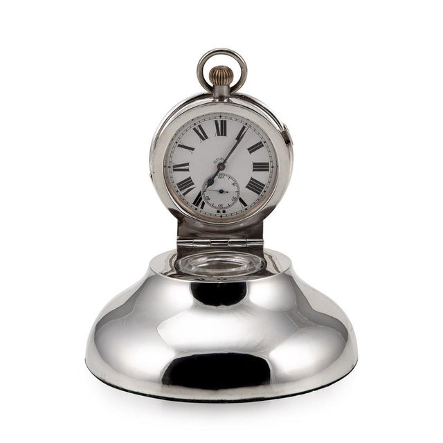 Silver 20th Century Edwardian Solid Silver & Glass Inkwell With Clock, Chester, 1900s For Sale - Image 8 of 8