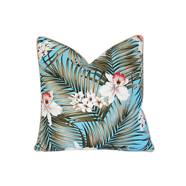 Summer Blue/Teal Tropical Orchid & Palm Feather/Down Pillows 24" Square For Sale In Los Angeles - Image 6 of 6