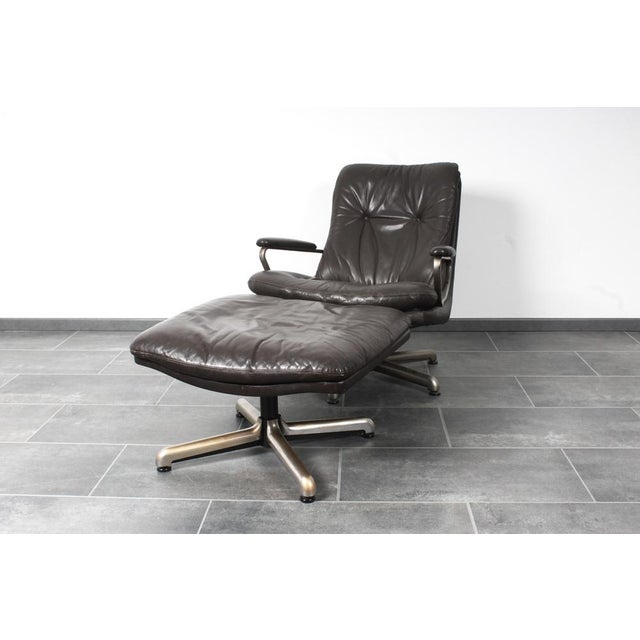 1970s Set of Brown Leather Lounge Chair with Matching Stool by André Vandenbeuck for Strässle, 1960s For Sale - Image 5 of 18