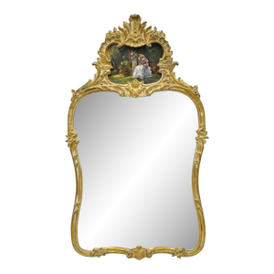 Antique Gold Giltwood French Victorian Wall Mirror With Painted Courting Scene