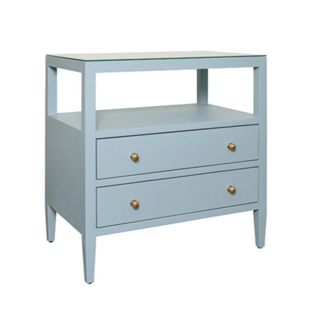 Contemporary Matthew Izzo Home Douglas Light Blue Textured Linen Two Drawer Side Table With One Open Shelf, Glass Top and Polished Brass Knobs For Sale - Image 3 of 8