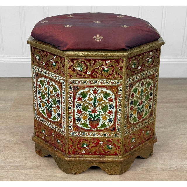 Persian Vintage Middle Eastern Meenakari Hammered Tin Footstool Ottoman For Sale - Image 3 of 11