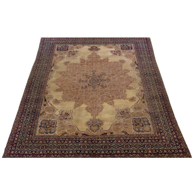 Persian 1880s Persian Kerman Wool Rug With Medallion Design in Tan For Sale - Image 3 of 7