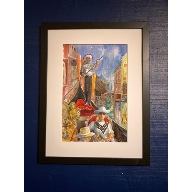 Venetian Canal Gondola Gondolier Scene Contemporary Mixed-Media Painting, Signed, Framed Art For Sale - Image 10 of 12