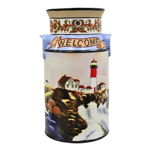 Late 20th Century Vintage Nautical Painted Lighthouse and Flag Ceramic Umbrella Cane Holder For Sale