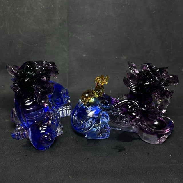 Pair of Vintage Chinese Purple Glass / Liuli Kirin Sculptures - Feng Shui Wealth Guardians For Sale - Image 4 of 9