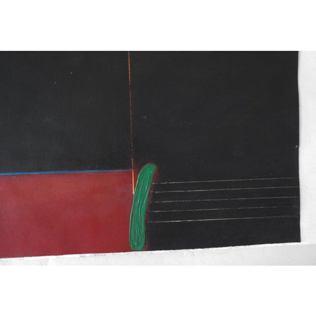 Vintage circa 1970's oil on paper abstract black and red painting. Unsigned. Unframed, edge wear.