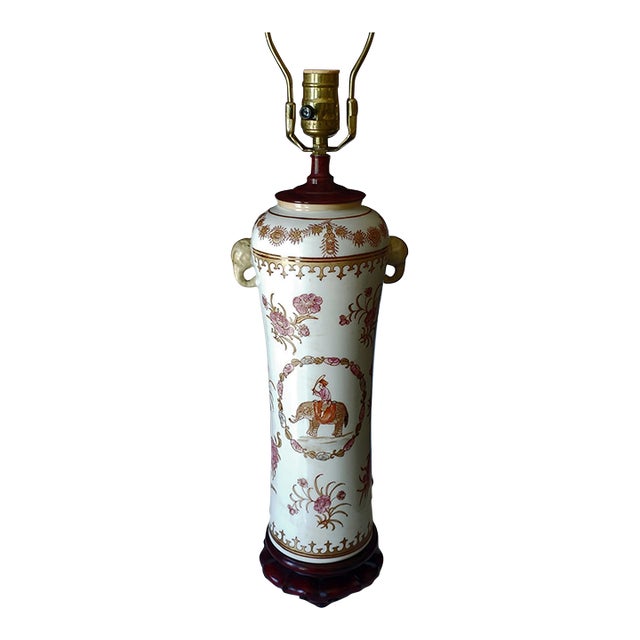 Vintage Chinoiserie Porcelain Table Lamp | Elephant Handle Accent For Sale