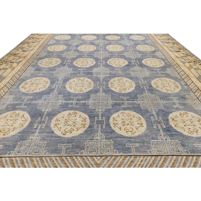 Hand-Knotted Modern Khotan Wool Rug Muted Blue and Sand Medallion Pattern For Sale In New York - Image 6 of 11