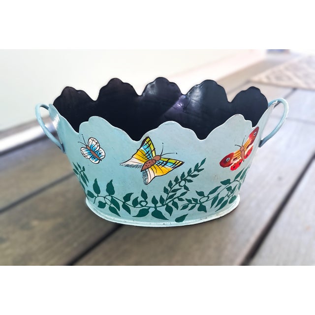 Vintage Toleware (Tole Ware) Butterfly Cachepot – Teal Hand‑Painted Metal Planter / Jardiniere For Sale - Image 4 of 10