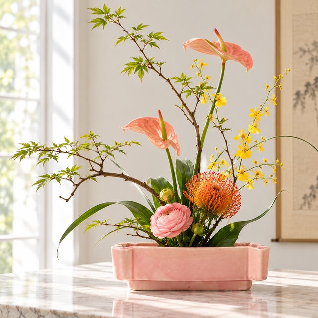 Mid-Century ceramic planter featuring a softly sculptural, low-profile form and a beautiful blush-pink glazed finish. The...